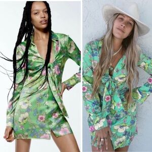 Zara Green Floral Satin Effect King Sleeve Mini Dress